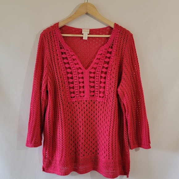 CHICO'S Crochet Detail Jamie Pullover Top Sz 3/L in Raspberry Cottagecore Fairy - Picture 3 of 12